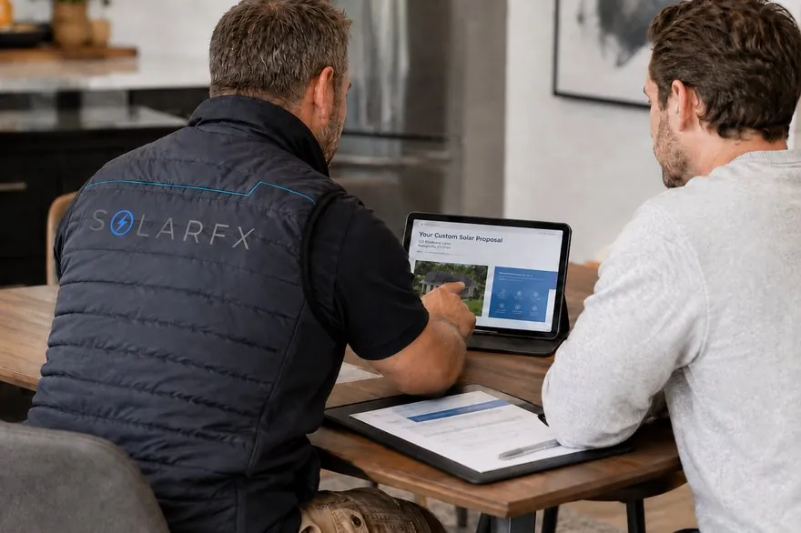 SolarFX surveyor going through a custom solar proposal with a homeowner at their kitchen table