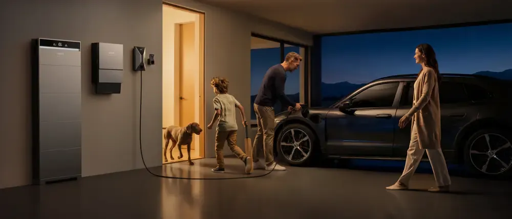 EV charging from a home battery system in a garage at night