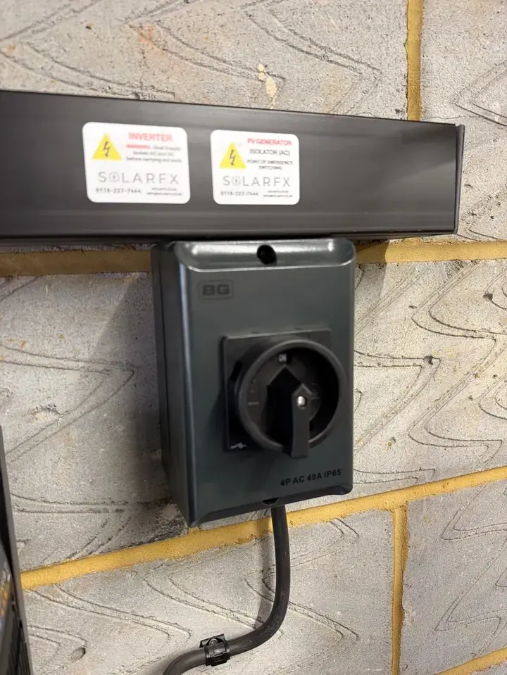 Labelled SolarFX inverter and PV generation isolators