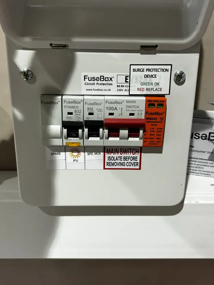 Dedicated PV consumer unit with surge protection, Tadley flat-roof installation