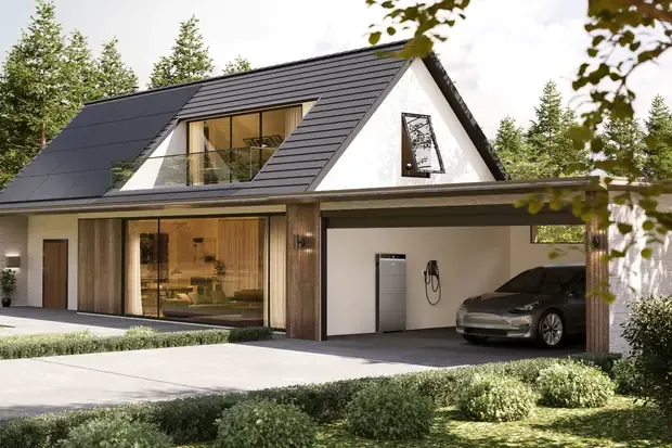Anker SOLIX X1 and EV charger in a carport alongside a solar array